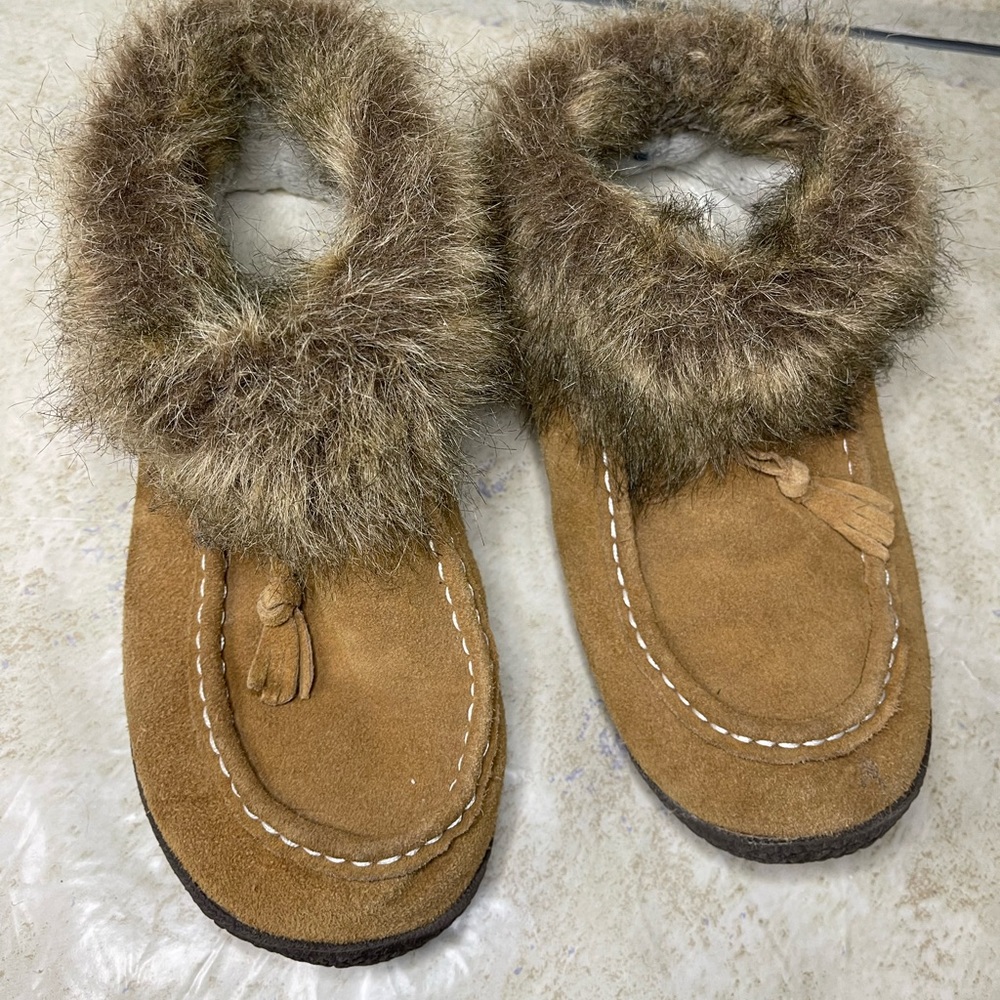 natural reflections leather bootie‎ slippers size 8 brown faux fur